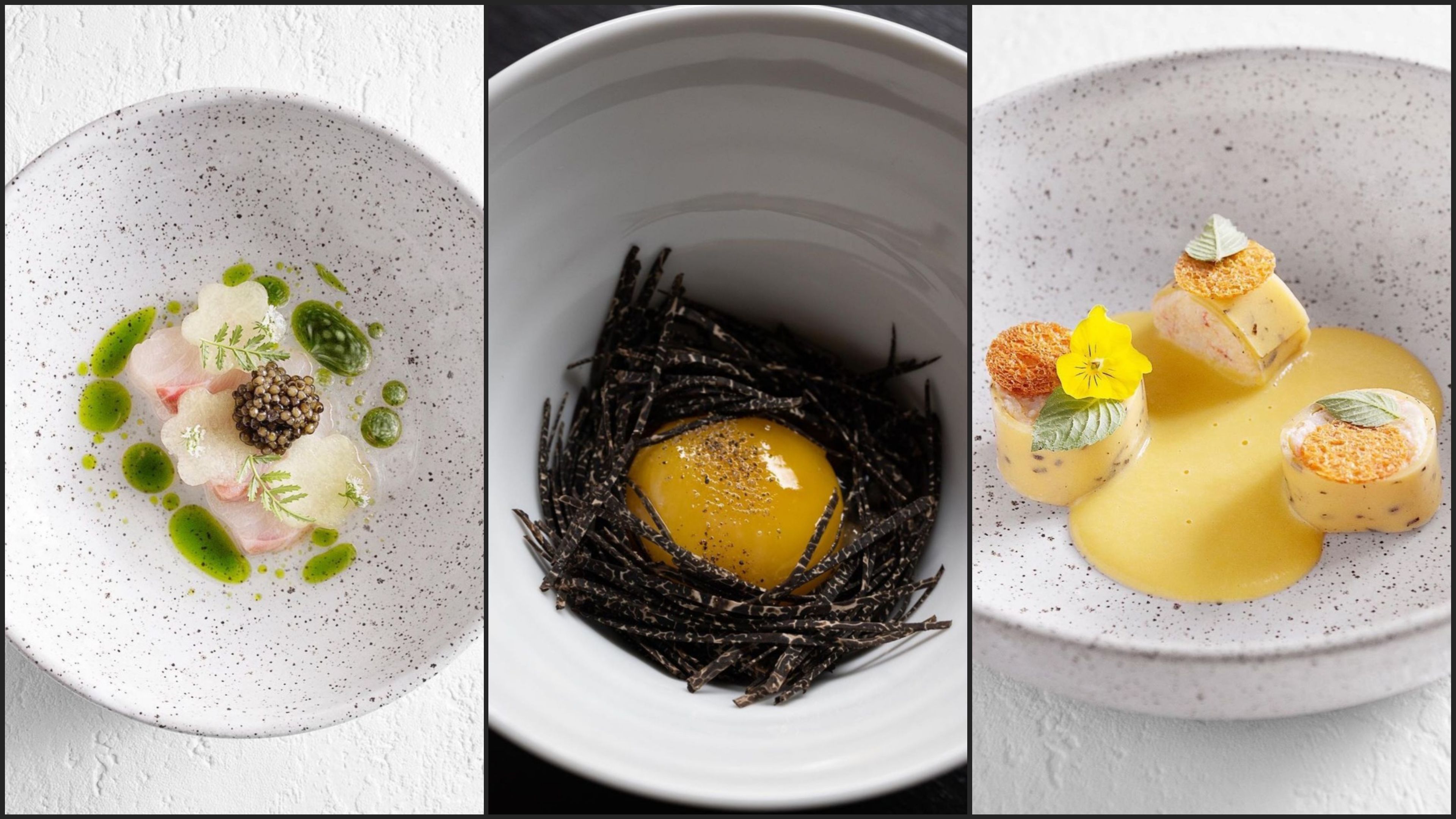 From l to r. Shima Aji Crudo with Melon and Smoked Tomato. Farro Porridge with Perigord Truffle. Peeky Toe Crab Wrapped in Corn and Australian Black Truffle, Red Currant and a Sweet Corn Veloute.