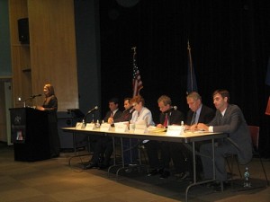 Moderator Grace Rauh and candidates (left to right) Doug Biviano, Evan Thies, Jo Anne Simon, Ken Baer, Ken Diamondstone, and Steve Levin. BHB photo by C. Scales.