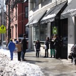A small crowd stands outside the new Juice Press in Brooklyn Heights.